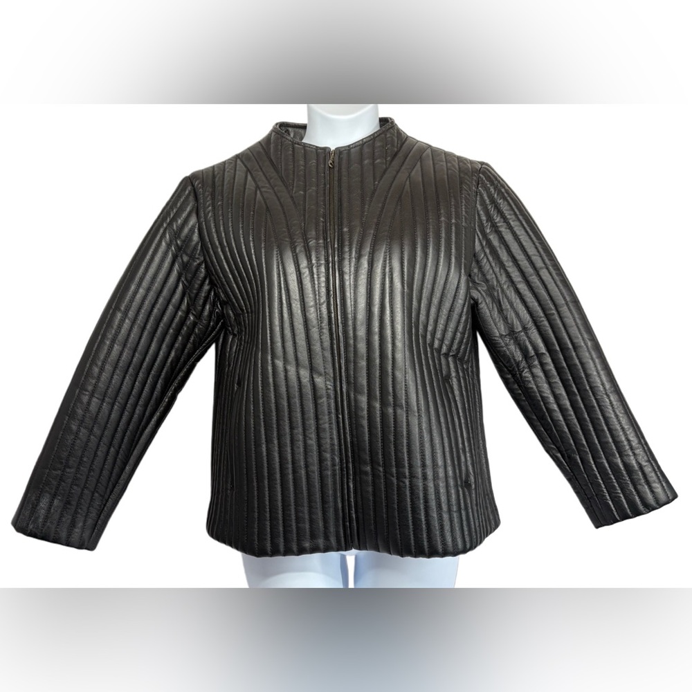 Elegant Black Quilted Leather  Collarless Woman’s Jacket